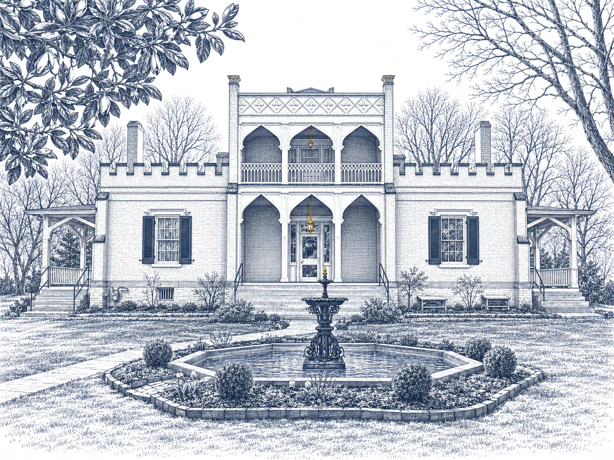 Engraving of the Athenaeum in Columbia, Tennessee, with its fountain