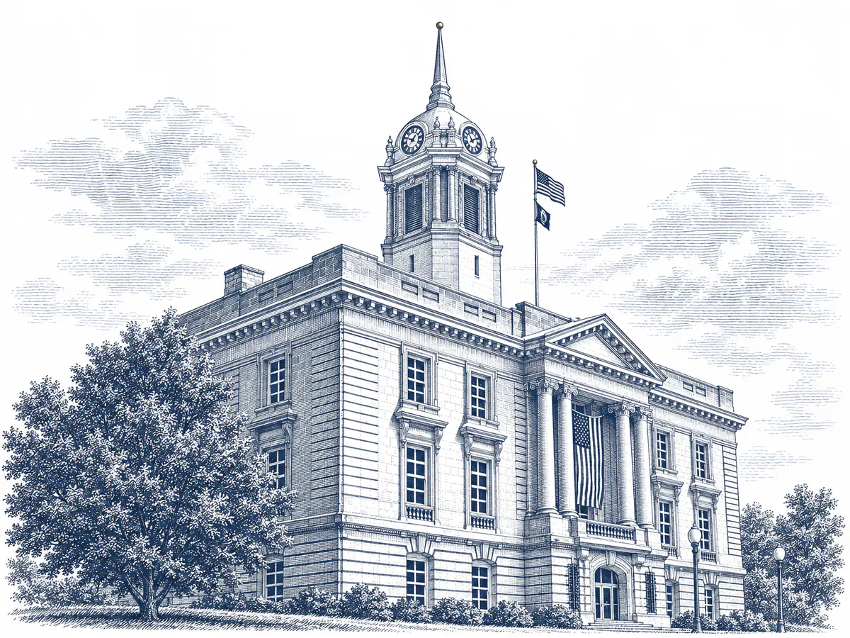 Engraving of the Maury County Courthouse on the square in Columbia, Tennessee, its flag moving in the wind