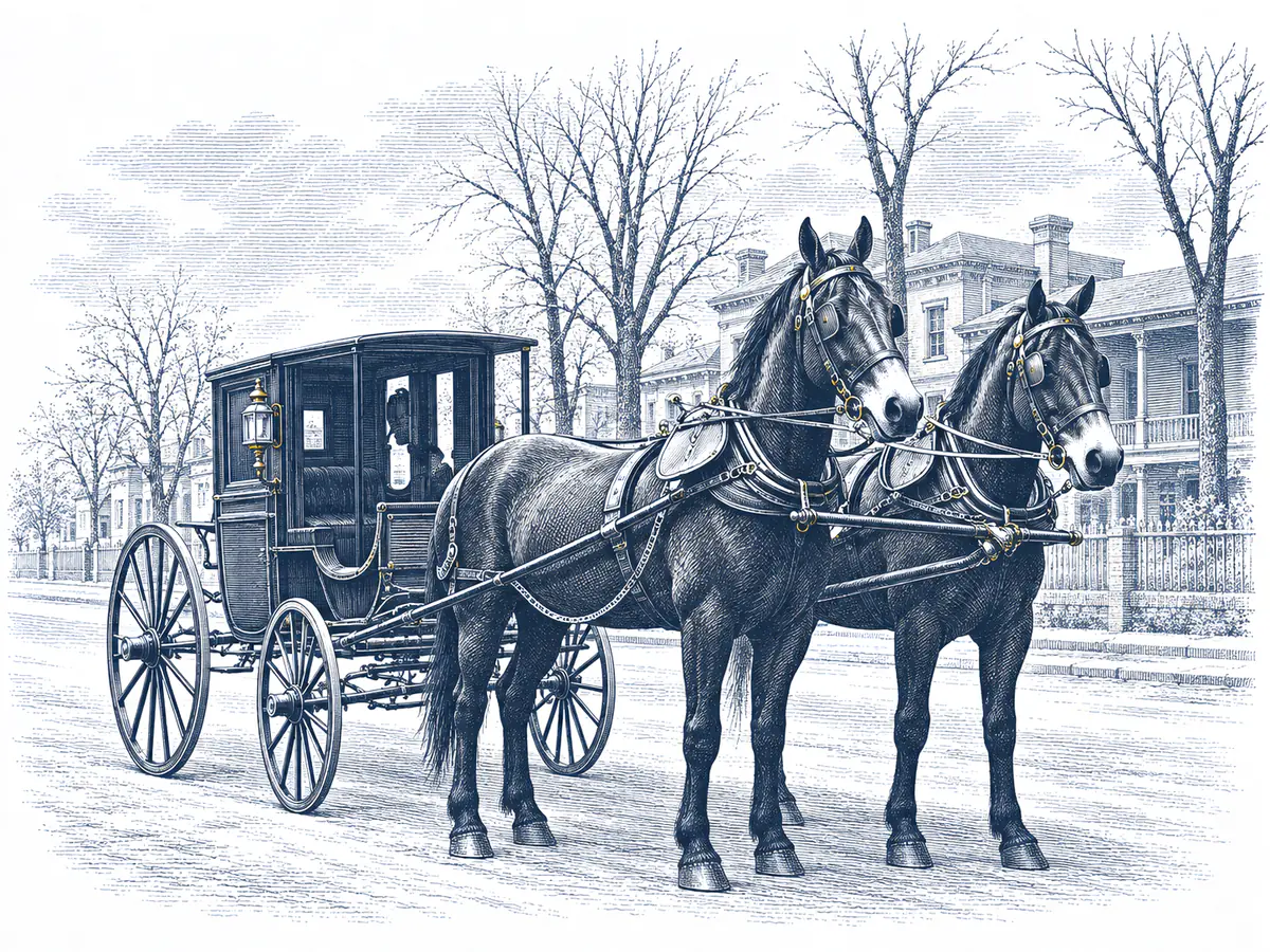 Engraving of a pair of mules drawing a carriage down a Columbia street
